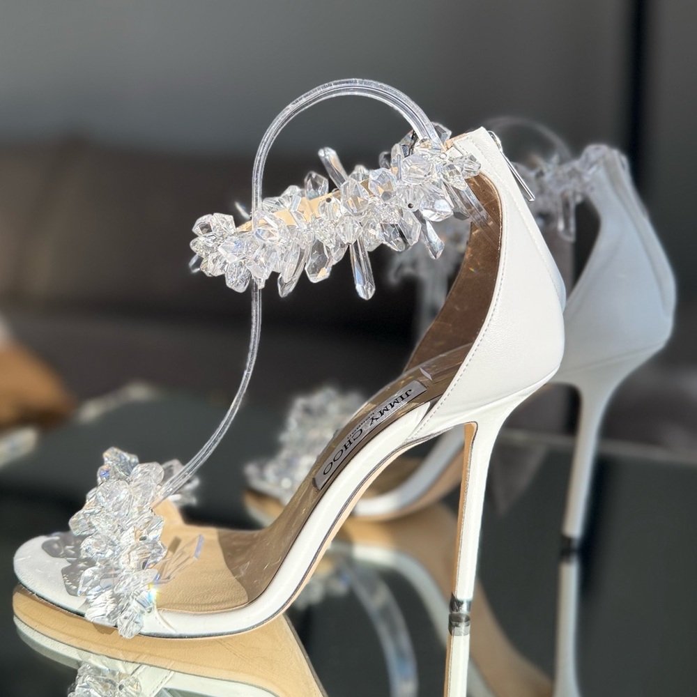 New Jimmy Choo White Maisel 100 Crystal Embellished Leather Sandals 38 - Picture 13 of 17